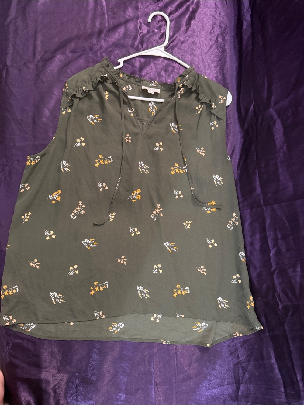 LOFT Olive Green Floral Ruffle Tie-Neck Camisole